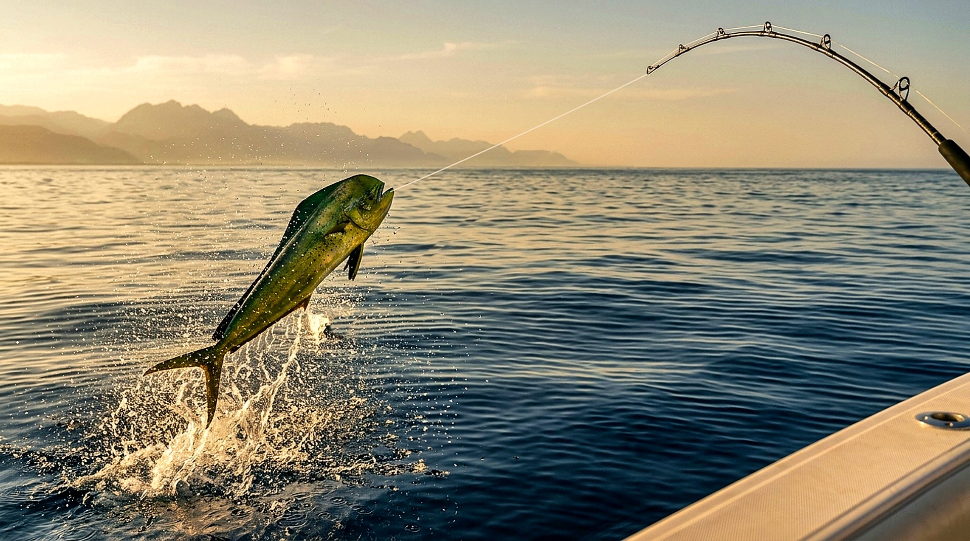A fish leaping out of the water on a fishing line at sunrise off the UAE coast